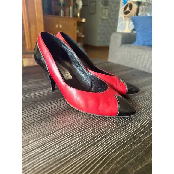 Vintage Christian Dior Tuxedo Ruby Red & Black Pumps Sz. 7.5 - Picture 9 of 11